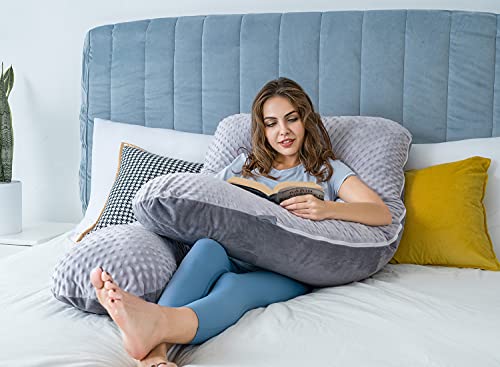 QUEEN ROSE Pregnancy Pillow, Maternity Pillow for Pregnant Women, 55 Inch U Shaped Full Body Pillow for Sleeping Support, Reversible Minky Dot Velvet Cover, Grey