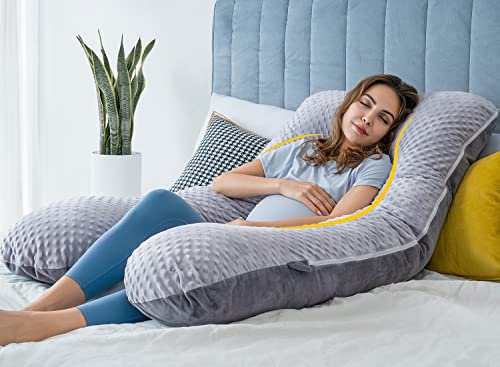 QUEEN ROSE Pregnancy Pillow, Maternity Pillow for Pregnant Women, 55 Inch U Shaped Full Body Pillow for Sleeping Support, Reversible Minky Dot Velvet Cover, Grey