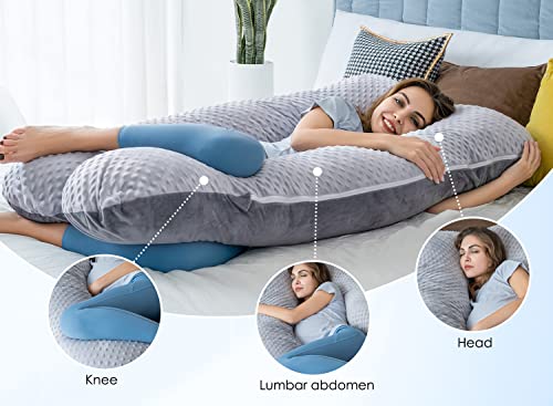 QUEEN ROSE Pregnancy Pillow, Maternity Pillow for Pregnant Women, 55 Inch U Shaped Full Body Pillow for Sleeping Support, Reversible Minky Dot Velvet Cover, Grey