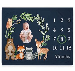 popfavors yuzioey woodland baby monthly milestone, woodland greenery baby growth chart monthly blanket, watch me grow baby forest nursery gift for new moms baby shower, includes marker (black, 50x40)