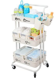 jolead baby diaper caddy organizer cart movable, 3-tier sturdy newborn nursery essentials storage cart for changing tables, with mesh baskets hanging cups and sticker, easy to assemble