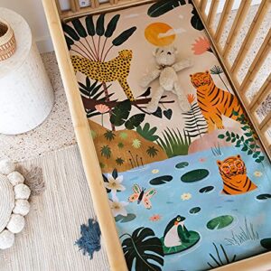 Rookie Humans 100% Cotton Sateen Fitted Crib Sheet: in The Jungle. Modern Nursery, Use as a Photo Background for Your Baby Pictures. Standard Crib Size (52 x 28 inches)