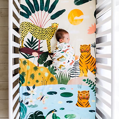 Rookie Humans 100% Cotton Sateen Fitted Crib Sheet: in The Jungle. Modern Nursery, Use as a Photo Background for Your Baby Pictures. Standard Crib Size (52 x 28 inches)