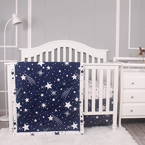 Belsden 3 Piece Crib Bedding Set for Baby Boys Girls, Classic Nursery Bedding Essential Including Comforter, Crib Sheet and Crib Skirt, Ultra Soft Cozy, Space Star Navy