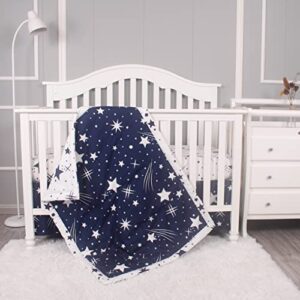 Belsden 3 Piece Crib Bedding Set for Baby Boys Girls, Classic Nursery Bedding Essential Including Comforter, Crib Sheet and Crib Skirt, Ultra Soft Cozy, Space Star Navy