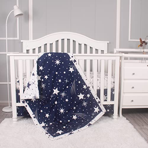 Belsden 3 Piece Crib Bedding Set for Baby Boys Girls, Classic Nursery Bedding Essential Including Comforter, Crib Sheet and Crib Skirt, Ultra Soft Cozy, Space Star Navy