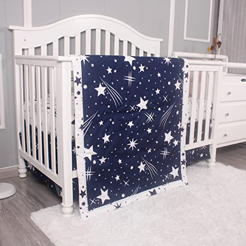 Belsden 3 Piece Crib Bedding Set for Baby Boys Girls, Classic Nursery Bedding Essential Including Comforter, Crib Sheet and Crib Skirt, Ultra Soft Cozy, Space Star Navy