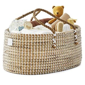 bebe bask baby diaper caddy organizer - handmade organic seagrass - luxury diaper caddy basket - cute diaper caddy for baby girl & diaper caddy for baby boy - cream white (natural)