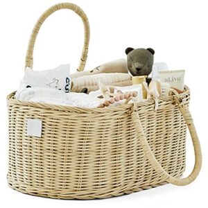 bebe bask baby diaper caddy organizer in organic rattan w removable divider - luxury wicker diaper caddy basket makes the perfect cute diaper caddy for baby girl & diaper caddy for baby boy