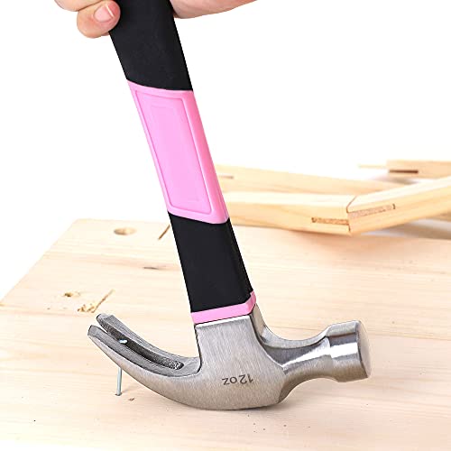 FASTPRO Pink Hammer, Fiberglass Curved Claw Hammer with Comfort Grip Handle,12oz