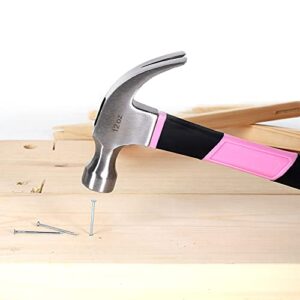 FASTPRO Pink Hammer, Fiberglass Curved Claw Hammer with Comfort Grip Handle,12oz