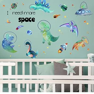 yovkky boys space dinosaurs astronauts wall decal, funny peel stick dino animal planet stickers nursery spaceship rocket decor, home baby room decorations kids bedroom playroom art party supply gift