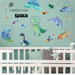 Yovkky Boys Space Dinosaurs Astronauts Wall Decal, Funny Peel Stick Dino Animal Planet Stickers Nursery Spaceship Rocket Decor, Home Baby Room Decorations Kids Bedroom Playroom Art Party Supply Gift