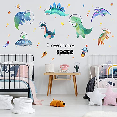 Yovkky Boys Space Dinosaurs Astronauts Wall Decal, Funny Peel Stick Dino Animal Planet Stickers Nursery Spaceship Rocket Decor, Home Baby Room Decorations Kids Bedroom Playroom Art Party Supply Gift