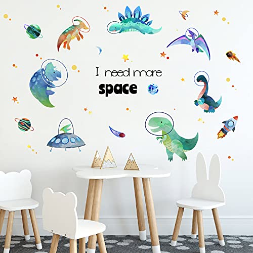 Yovkky Boys Space Dinosaurs Astronauts Wall Decal, Funny Peel Stick Dino Animal Planet Stickers Nursery Spaceship Rocket Decor, Home Baby Room Decorations Kids Bedroom Playroom Art Party Supply Gift