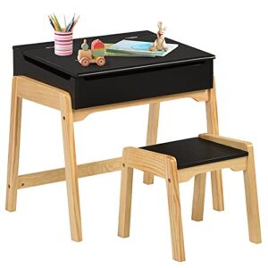costzon kids table and chair set, wooden lift-top desk & chair w/storage space, safety hinge, gift for toddler drawing, reading, writing, homeschooling, children activity table & chair (black)