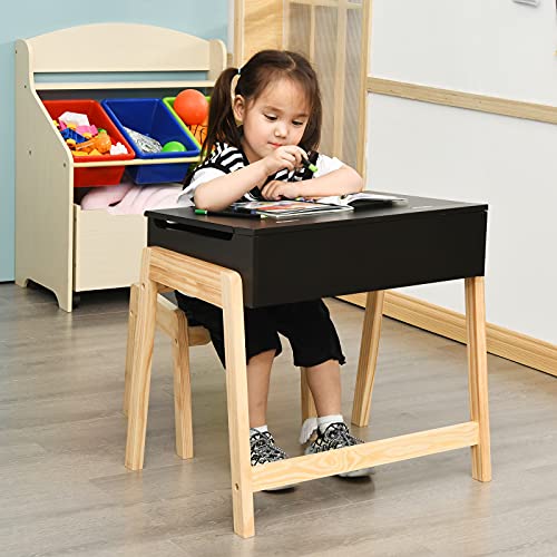 Costzon Kids Table and Chair Set, Wooden Lift-top Desk & Chair w/Storage Space, Safety Hinge, Gift for Toddler Drawing, Reading, Writing, Homeschooling, Children Activity Table & Chair (Black)