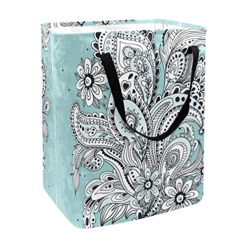 Retro Bohemia Florals Blue Boho Laundry Basket Collapsible Storage bin with Handles for Hamper,Kids Room,Toy Storage