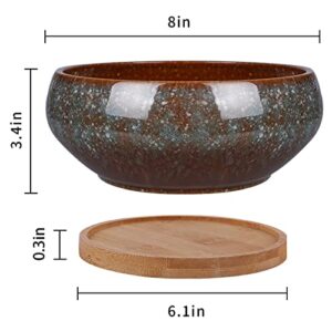 EPFamily 8 Inch Ceramic Bonsai Planter Pot, Glazed Shallow Succulent Planter with Drainage Hole and Bamboo Saucer for Indoor Plants, Brown