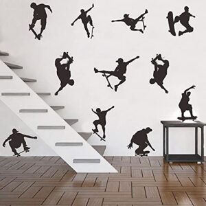 anfrjji skateboard wall sticker - 11 different skaters silhouettes in extreme actions - removable pvc vinyl decals for sports youth room and bedroom - skating wall art mural jwh131 (black)
