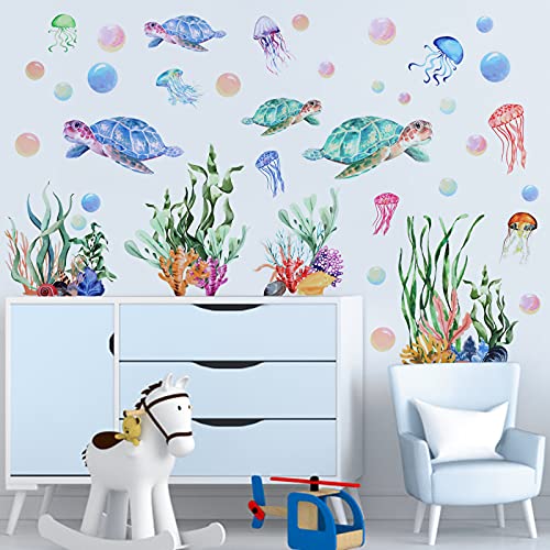 Under The Sea Wall Decals Sea Turtle Seaweed Wall Stickers Kalolary 3D Under The Sea Coral Reef Ocean Grass Bubbles Wall Decals Wall Decoration for Wall Corner Nursery Room Children Bedroom Bathroom Living Room