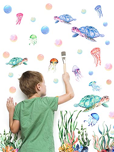 Under The Sea Wall Decals Sea Turtle Seaweed Wall Stickers Kalolary 3D Under The Sea Coral Reef Ocean Grass Bubbles Wall Decals Wall Decoration for Wall Corner Nursery Room Children Bedroom Bathroom Living Room