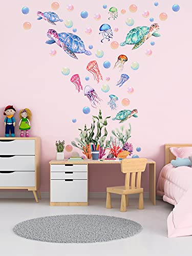 Under The Sea Wall Decals Sea Turtle Seaweed Wall Stickers Kalolary 3D Under The Sea Coral Reef Ocean Grass Bubbles Wall Decals Wall Decoration for Wall Corner Nursery Room Children Bedroom Bathroom Living Room