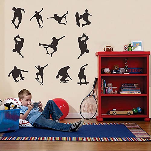 ANFRJJI Skateboard Wall Sticker - 11 Different Skaters Silhouettes in Extreme Actions - Removable PVC Vinyl Decals for Sports Youth Room and Bedroom - Skating Wall Art Mural JWH131 (Black)