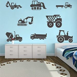 anfrjji construction vehicle wall decal - excavator bulldozer mixer truck pvc removable wall sticker with 8 city construction vehicles - construction truck tractor peel and stick for kids room art murals decorationsjwh130 (black)