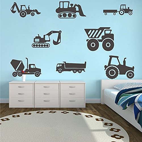 ANFRJJI Construction Vehicle Wall Decal - Excavator Bulldozer Mixer Truck PVC Removable Wall Sticker with 8 City Construction Vehicles - Construction Truck Tractor Peel and Stick for Kids Room Art Murals DecorationsJWH130 (black)