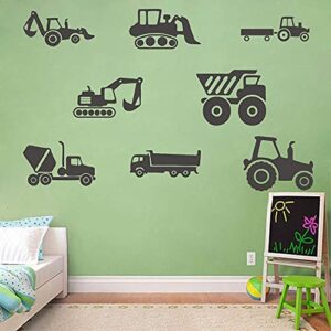 ANFRJJI Construction Vehicle Wall Decal - Excavator Bulldozer Mixer Truck PVC Removable Wall Sticker with 8 City Construction Vehicles - Construction Truck Tractor Peel and Stick for Kids Room Art Murals DecorationsJWH130 (black)