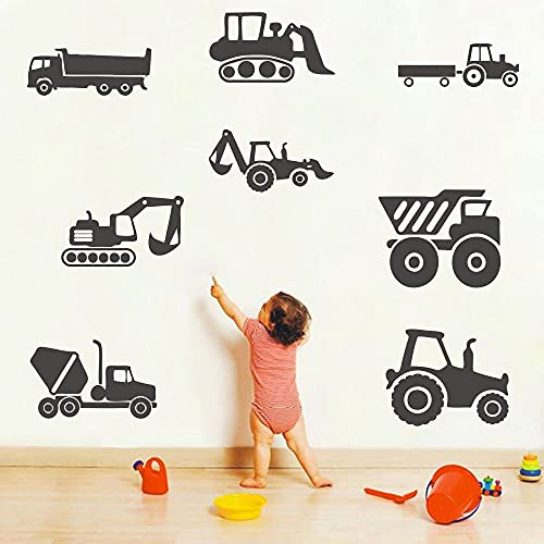 ANFRJJI Construction Vehicle Wall Decal - Excavator Bulldozer Mixer Truck PVC Removable Wall Sticker with 8 City Construction Vehicles - Construction Truck Tractor Peel and Stick for Kids Room Art Murals DecorationsJWH130 (black)