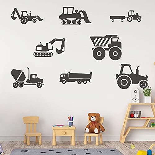 ANFRJJI Construction Vehicle Wall Decal - Excavator Bulldozer Mixer Truck PVC Removable Wall Sticker with 8 City Construction Vehicles - Construction Truck Tractor Peel and Stick for Kids Room Art Murals DecorationsJWH130 (black)