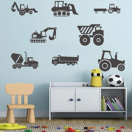 ANFRJJI Construction Vehicle Wall Decal - Excavator Bulldozer Mixer Truck PVC Removable Wall Sticker with 8 City Construction Vehicles - Construction Truck Tractor Peel and Stick for Kids Room Art Murals DecorationsJWH130 (black)