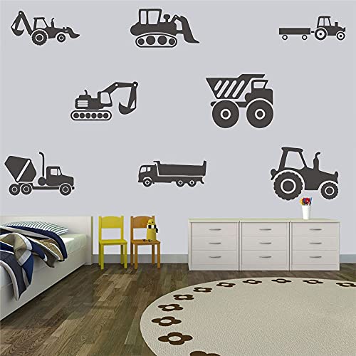 ANFRJJI Construction Vehicle Wall Decal - Excavator Bulldozer Mixer Truck PVC Removable Wall Sticker with 8 City Construction Vehicles - Construction Truck Tractor Peel and Stick for Kids Room Art Murals DecorationsJWH130 (black)