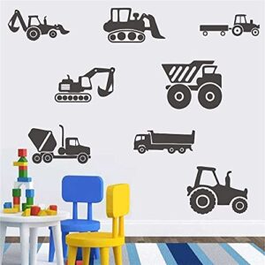 ANFRJJI Construction Vehicle Wall Decal - Excavator Bulldozer Mixer Truck PVC Removable Wall Sticker with 8 City Construction Vehicles - Construction Truck Tractor Peel and Stick for Kids Room Art Murals DecorationsJWH130 (black)