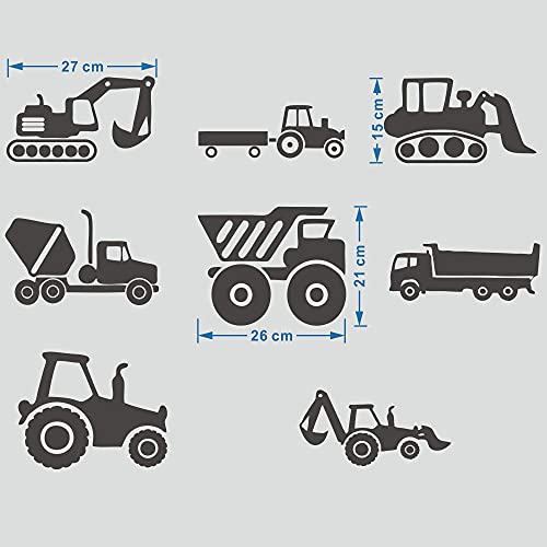 ANFRJJI Construction Vehicle Wall Decal - Excavator Bulldozer Mixer Truck PVC Removable Wall Sticker with 8 City Construction Vehicles - Construction Truck Tractor Peel and Stick for Kids Room Art Murals DecorationsJWH130 (black)