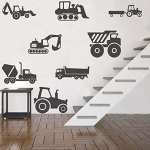 ANFRJJI Construction Vehicle Wall Decal - Excavator Bulldozer Mixer Truck PVC Removable Wall Sticker with 8 City Construction Vehicles - Construction Truck Tractor Peel and Stick for Kids Room Art Murals DecorationsJWH130 (black)