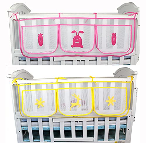 Mixuyang Baby Bed Hanging Storage Bag Crib Storage Bag Bedside Beds Toys Container Decor Pocket Space Saver with 3 grids 黄色