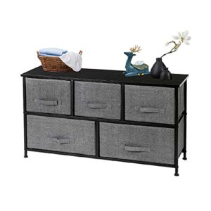 unknown brand 2-tier wide closet dresser, nursery dresser tower with 5 easy pull fabric drawers and metal frame, multi-purpose organizer unit for closets, dorm room, living room, hallway, grey