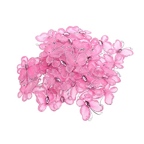 Kisangel 50Pcs Sheer Mesh Wire Glitter Butterfly Gem- Studded Fake Butterfly DIY Butterfly Craft for Wedding Decoration (Pink)