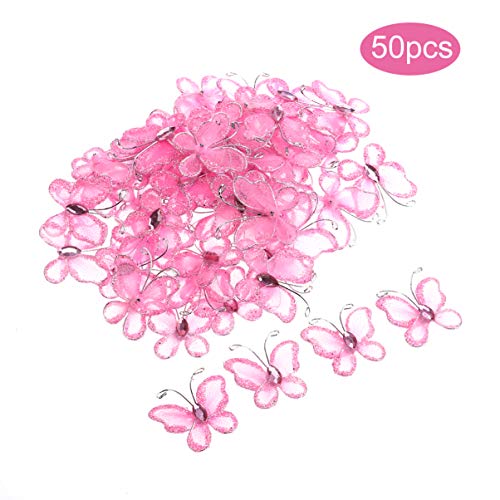 Kisangel 50Pcs Sheer Mesh Wire Glitter Butterfly Gem- Studded Fake Butterfly DIY Butterfly Craft for Wedding Decoration (Pink)