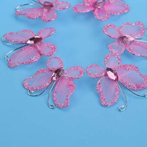 Kisangel 50Pcs Sheer Mesh Wire Glitter Butterfly Gem- Studded Fake Butterfly DIY Butterfly Craft for Wedding Decoration (Pink)