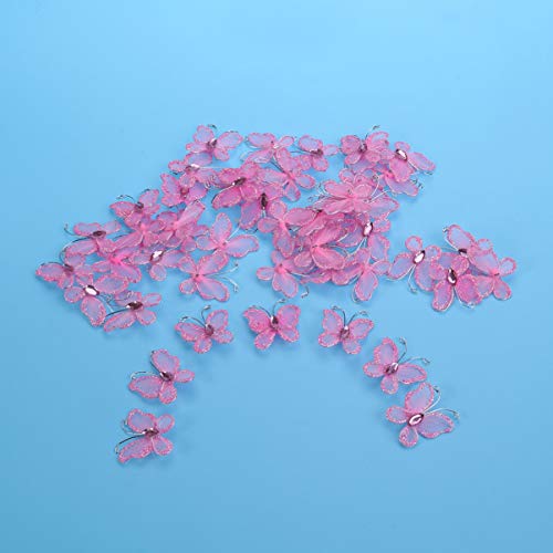 Kisangel 50Pcs Sheer Mesh Wire Glitter Butterfly Gem- Studded Fake Butterfly DIY Butterfly Craft for Wedding Decoration (Pink)