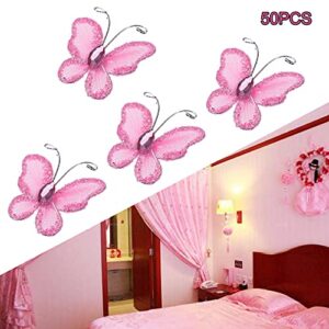 Kisangel 50Pcs Sheer Mesh Wire Glitter Butterfly Gem- Studded Fake Butterfly DIY Butterfly Craft for Wedding Decoration (Pink)