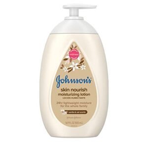 johnson's skin nourish moisturizing baby lotion for dry skin with vanilla & oat scents, gentle & lightweight body lotion for the whole family, hypoallergenic, dye-free, 16.9 fl. oz