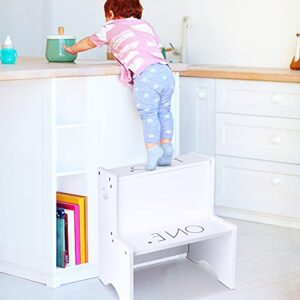 Kids 2-Step Wood Step Stool White Two Step Children's Stool with Handles Dual Height Wooden Toddler Step Stool for Kids Mini Wooden Stepping Stand for Room Kitchen