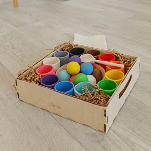 Ulanik Balls in Cups Large Montessori Toy Wooden Sorter Game 12 Balls 35 mm Age 1+ Color Sorting and Counting Preschool Learning Education