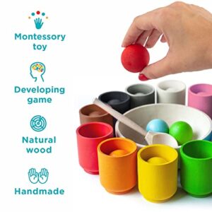 Ulanik Balls in Cups Large Montessori Toy Wooden Sorter Game 12 Balls 35 mm Age 1+ Color Sorting and Counting Preschool Learning Education