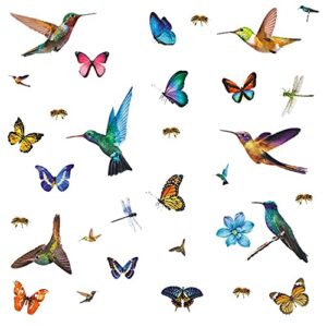 32Pcs Watercolor Butterfly and Hummingbird Stickers, Bee Dragonfly Flower Wall Decals, Self Adhesive Flying Bird Art Decor for Bedroom, Nursery, Kids Playroom